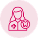A line drawing of a female dentist in a pink circle