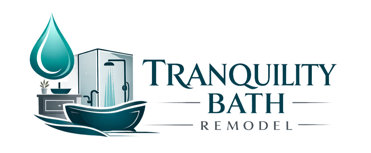 A logo for Tranquility Bath Remodel featuring a yellow gear framing a house icon above the business name in black and gold.