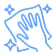 A blue line icon of a hand wiping a surface with a cloth, surrounded by three sparkle symbols.
