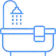 A simple blue line icon of a bathtub with a shower head and a hanging towel.