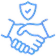 A blue line-art icon of two hands shaking, with a shield containing a checkmark floating above them.