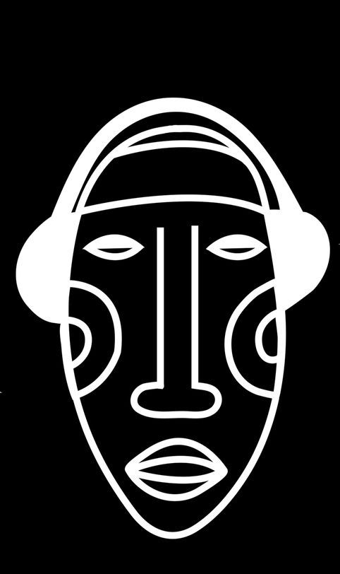 A black and white drawing of a mask with headphones on it.