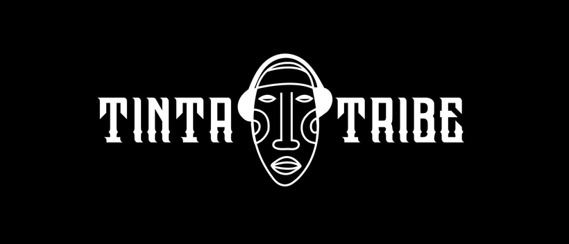 A black and white logo for tinta sig tribe with a mask on a black background.