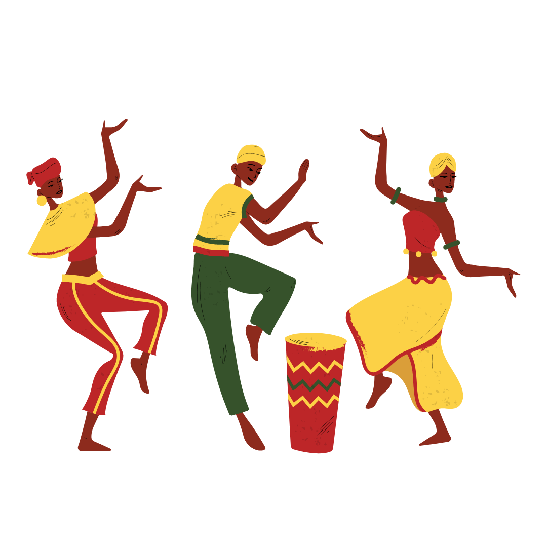 A group of people are dancing and playing drums.