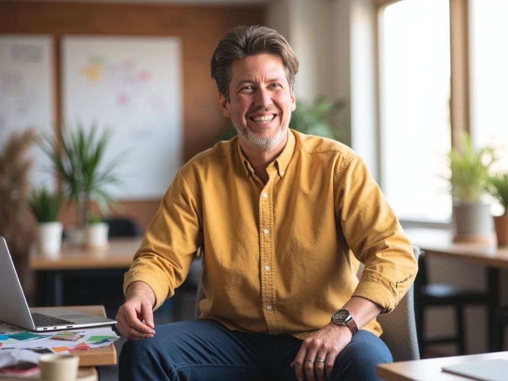 A man in a blue shirt is standing with his arms crossed in an office.
