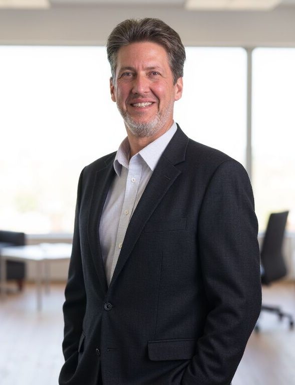 A man in a blue shirt is standing with his arms crossed in an office.