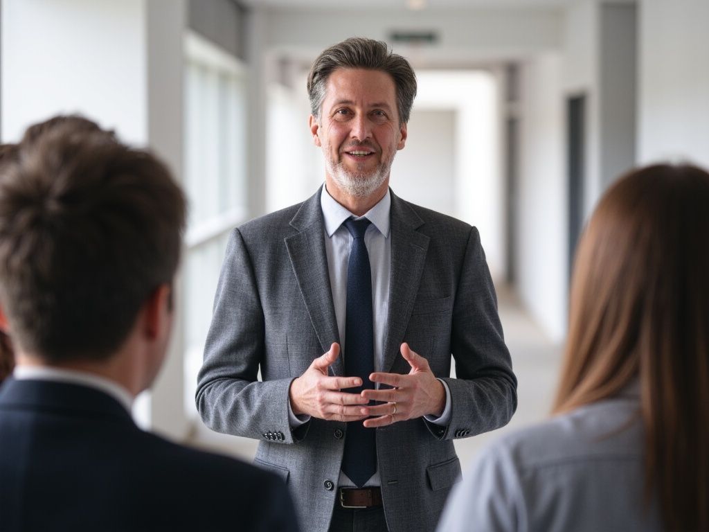 A man in a suit and tie is talking to a group of people in a hallway.