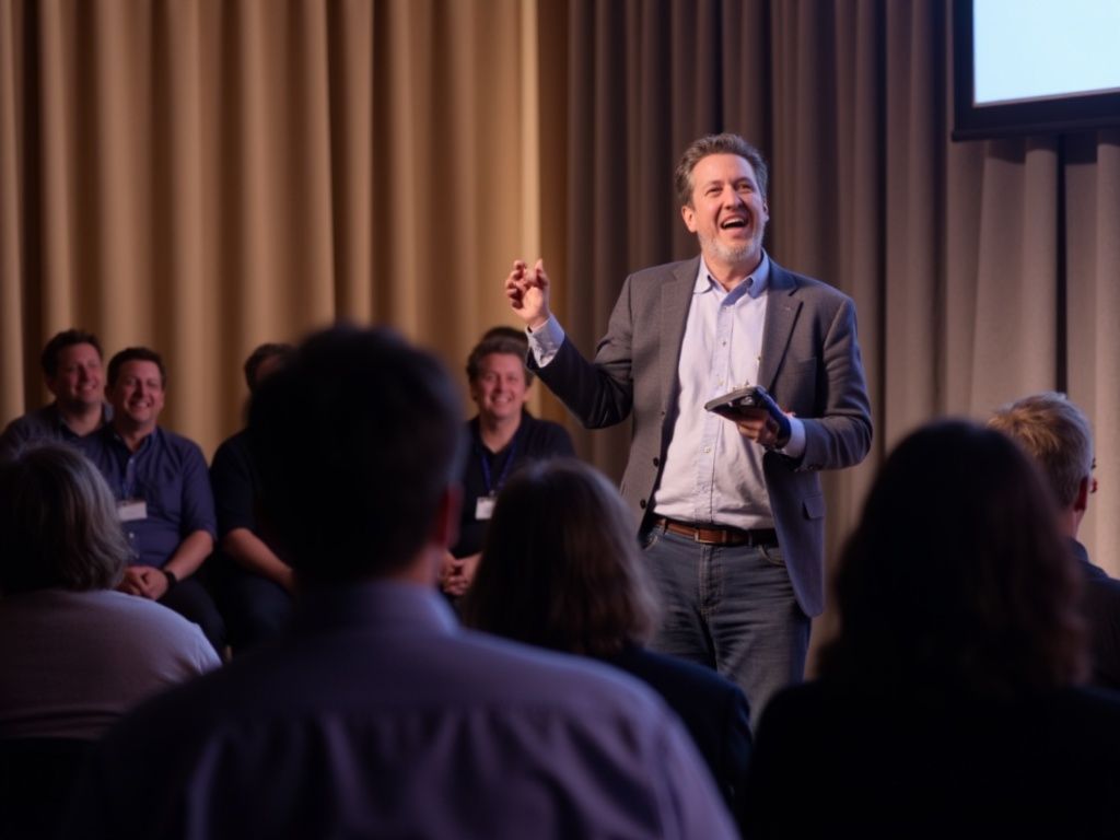 A man in a suit is giving a presentation to a group of people.