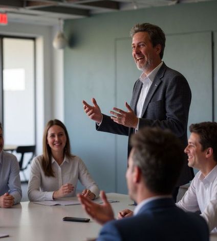 A man in a suit is giving a presentation to a group of people