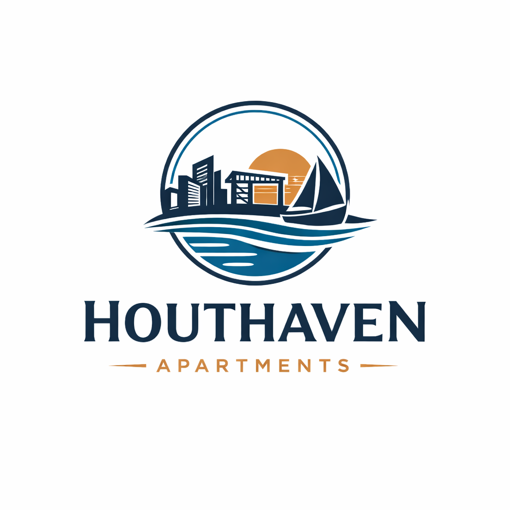 Logo: Rond ontwerp met stadsgezicht, zeilboot en de tekst 