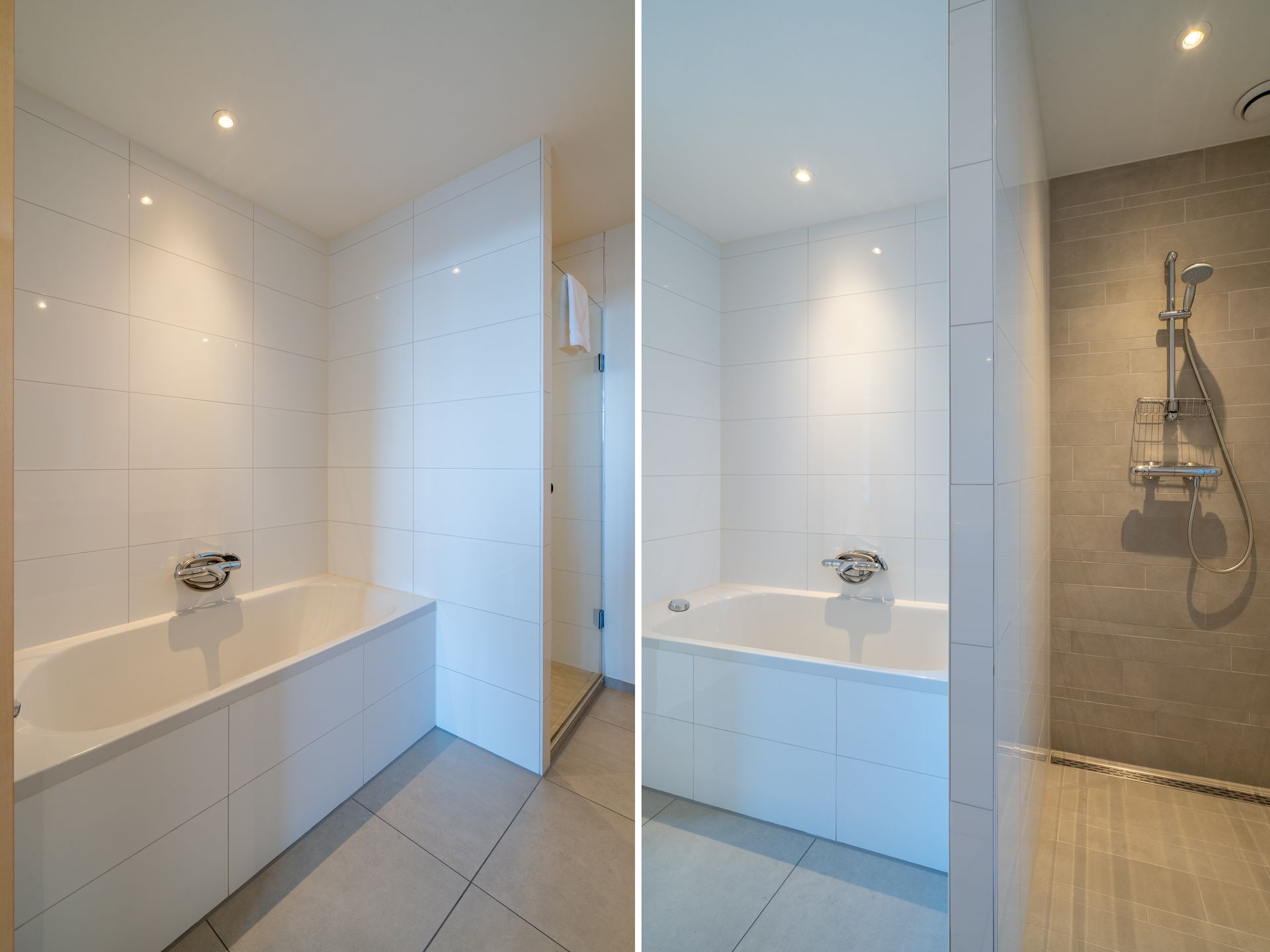Twee aanzichten van een moderne badkamer met een wit bad en een aparte douchecabine met grijze wandtegels met steenlook.