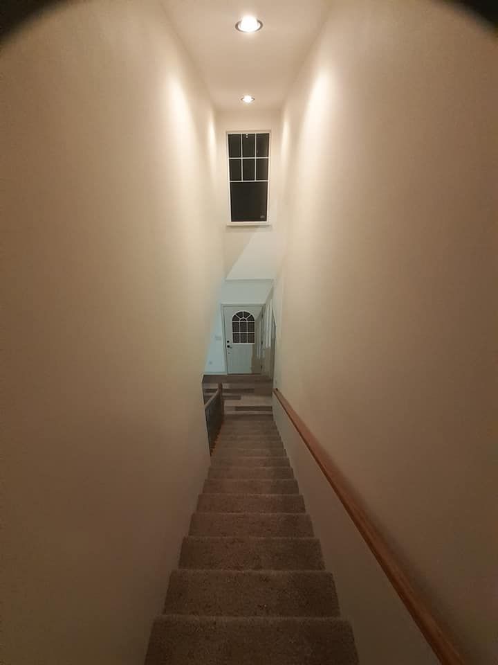Stairway with carpeted steps leading up to a door and window, with white walls and a light fixture.