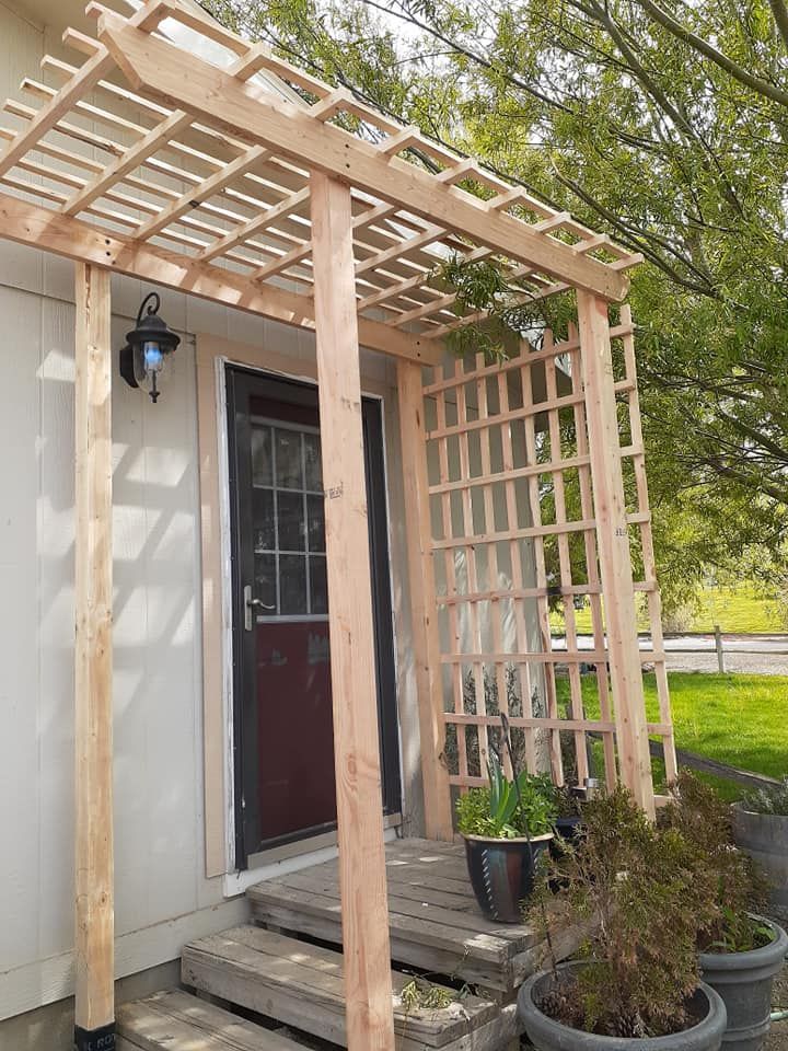 Wooden trellis over a doorway with steps, pots of plants on the steps.