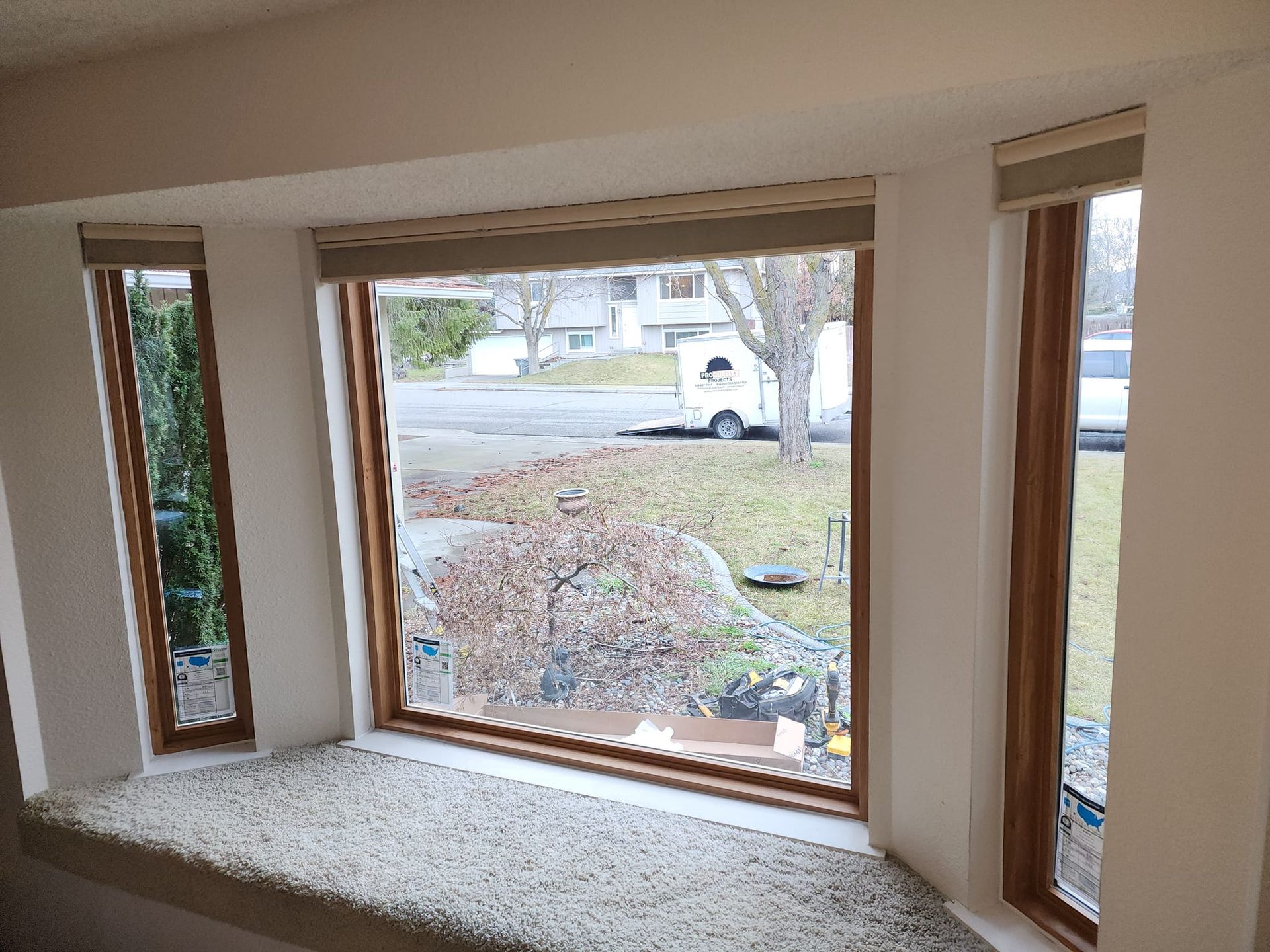 Bay window with brown trim and blinds, overlooking a street and yard with foliage.