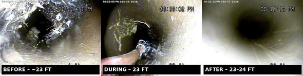 Sewer line repair before during after root removal drain cleaning Connecticut
