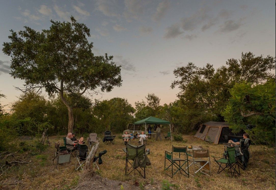 Campers gathered around a fire at dusk in a wooded area, with tents and camping chairs visible.