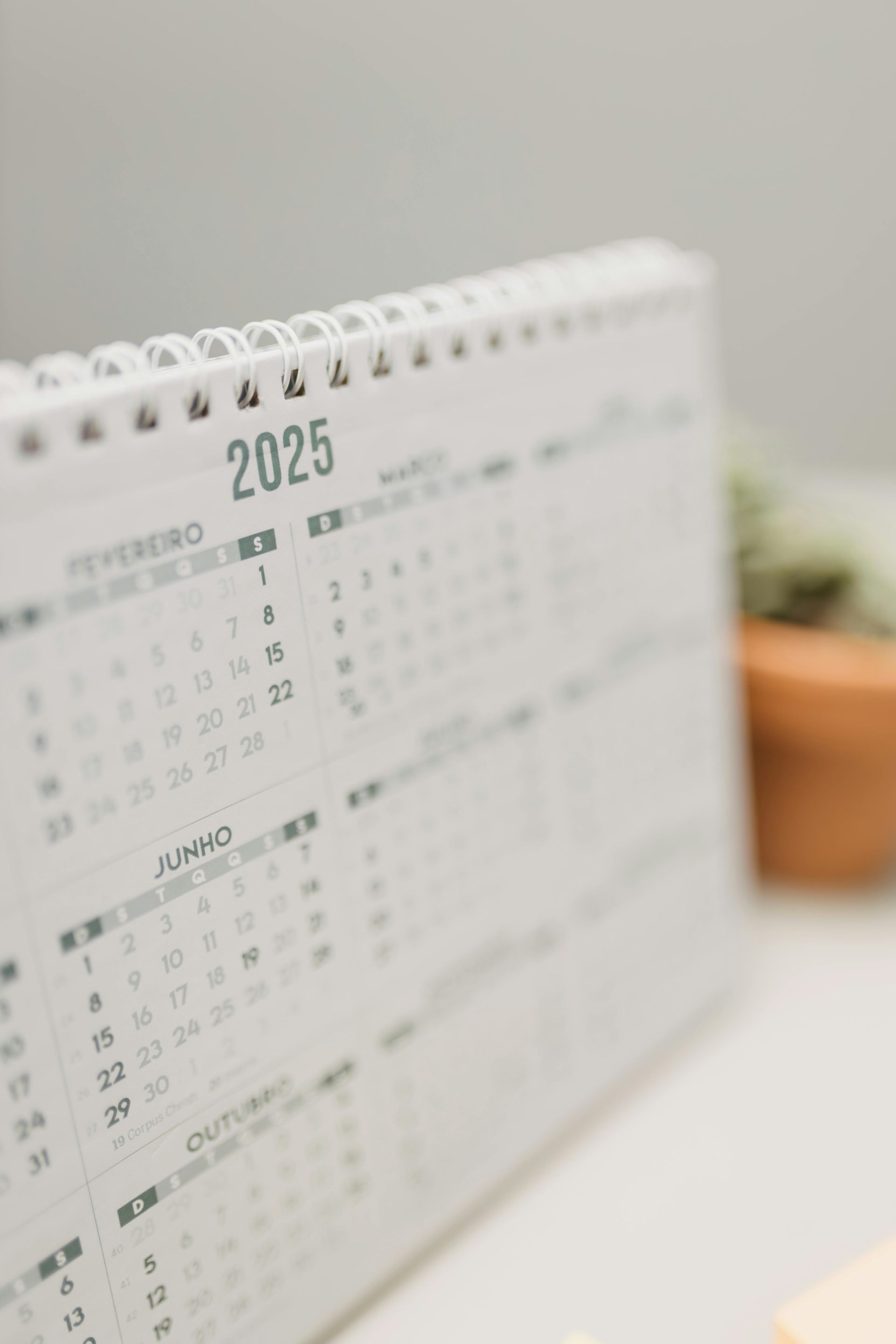 A calendar for the year 2025 is sitting on a table.