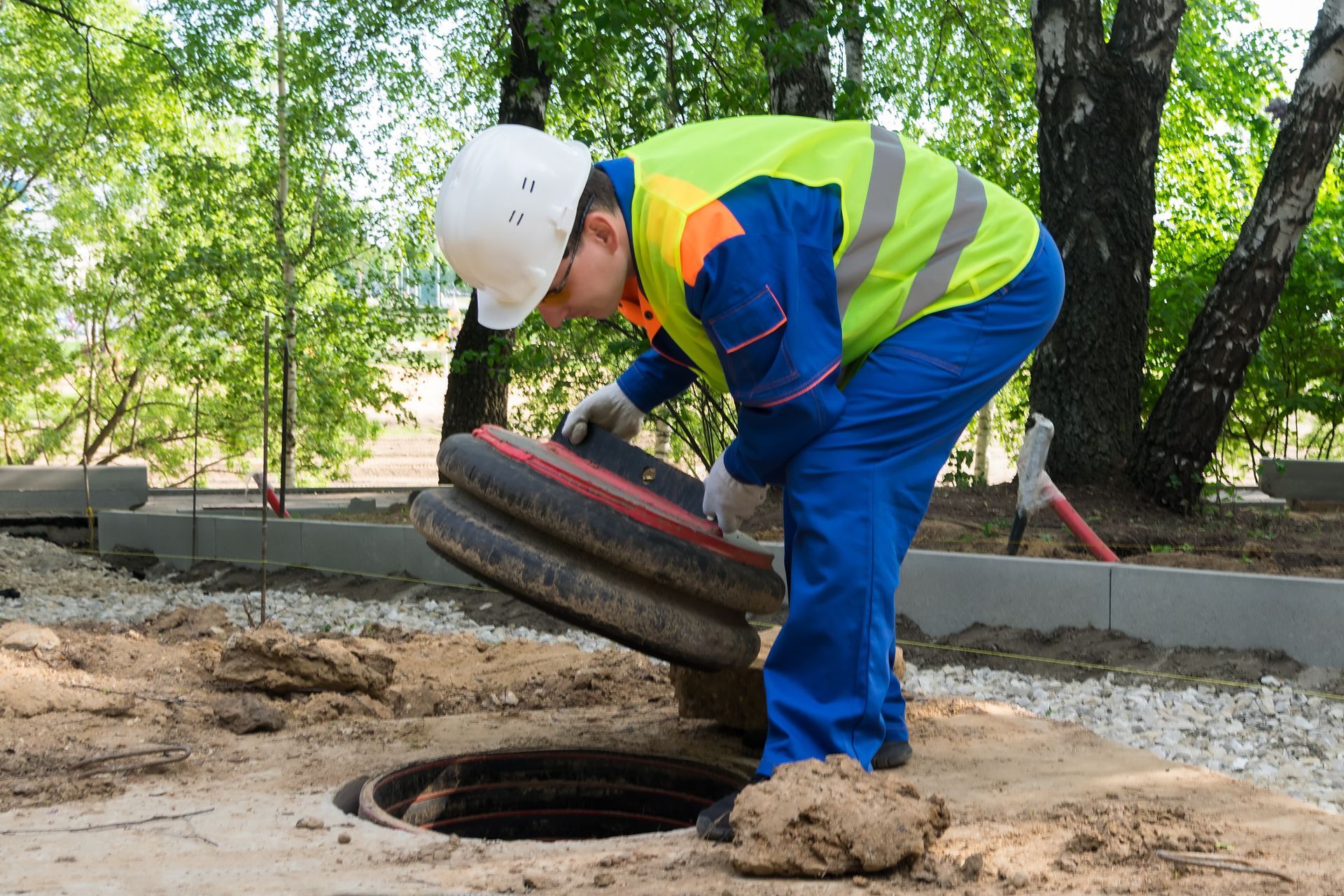 Man in safety gear opening a manhole cover outdoors near trees and a sidewalk.