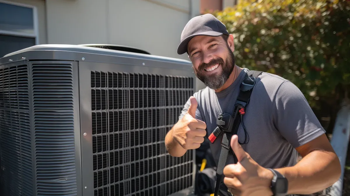 An outdoor air conditioning unit mounted on a yellow exterior wall above a gray fence.