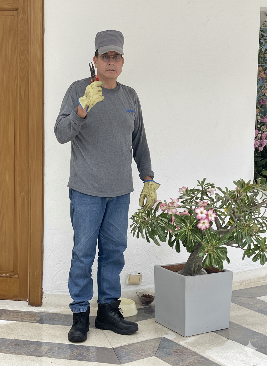 Hombre con herramienta en mano, de pie junto a una maceta con flores rosas. Lleva guantes, camisa gris, gorra y vaqueros. Al aire libre.