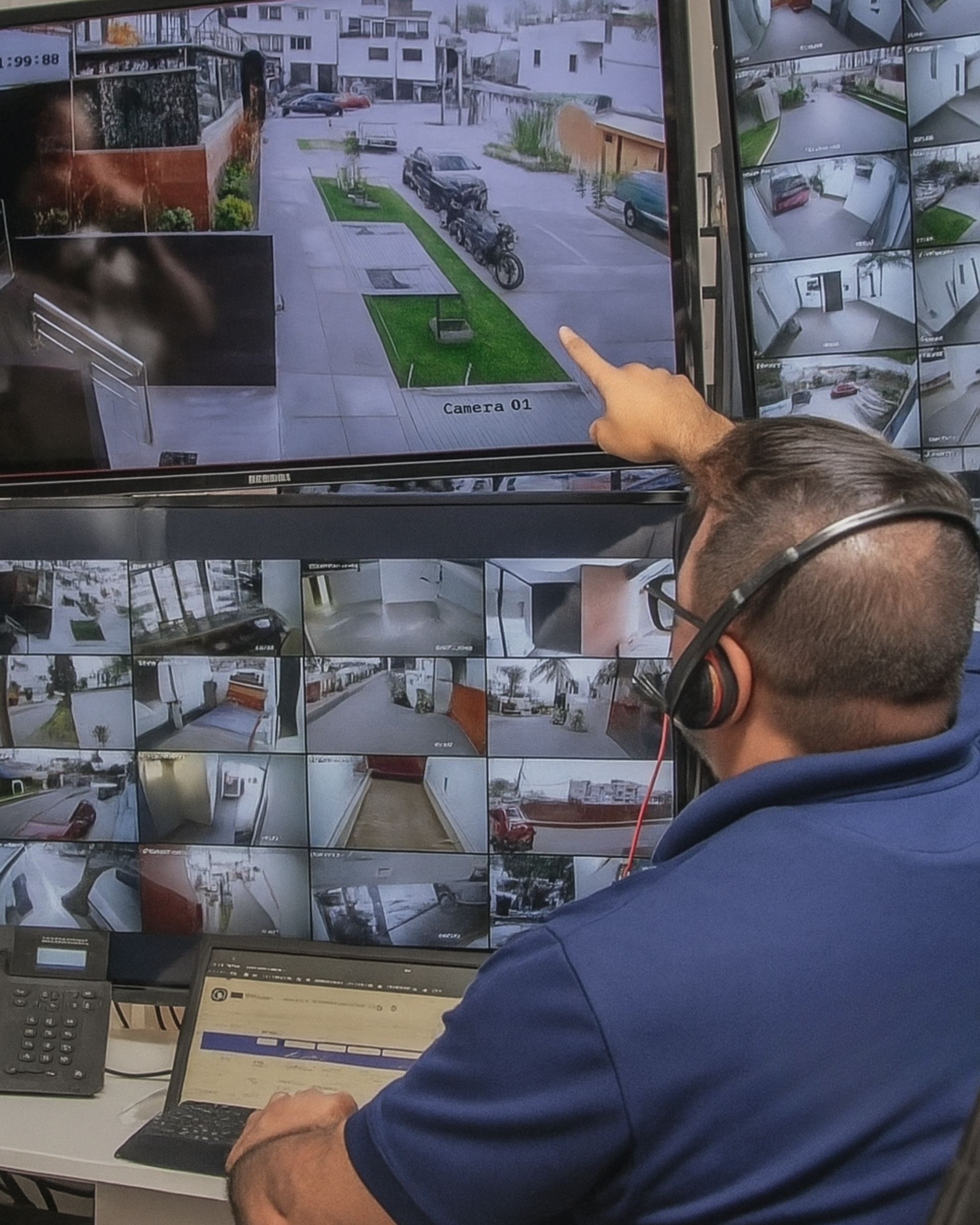 Hombre con camisa blanca y pantalones oscuros haciendo el gesto de aprobación con el pulgar en una oficina moderna, cerca de una puerta de cristal.