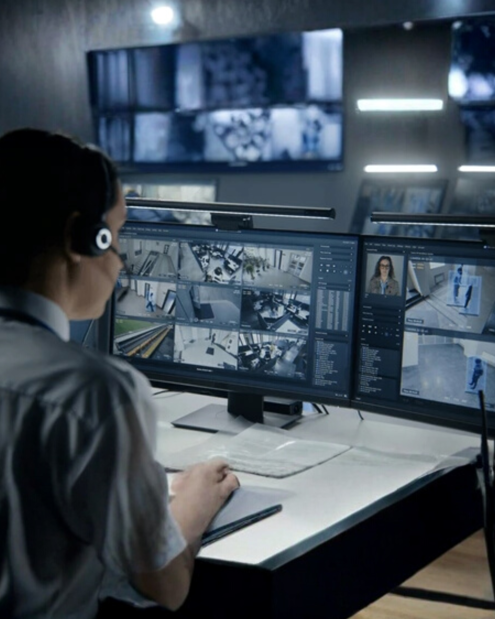 Hombre escribiendo en un escritorio, mientras observa en una pantalla las imágenes de varias cámaras de seguridad.