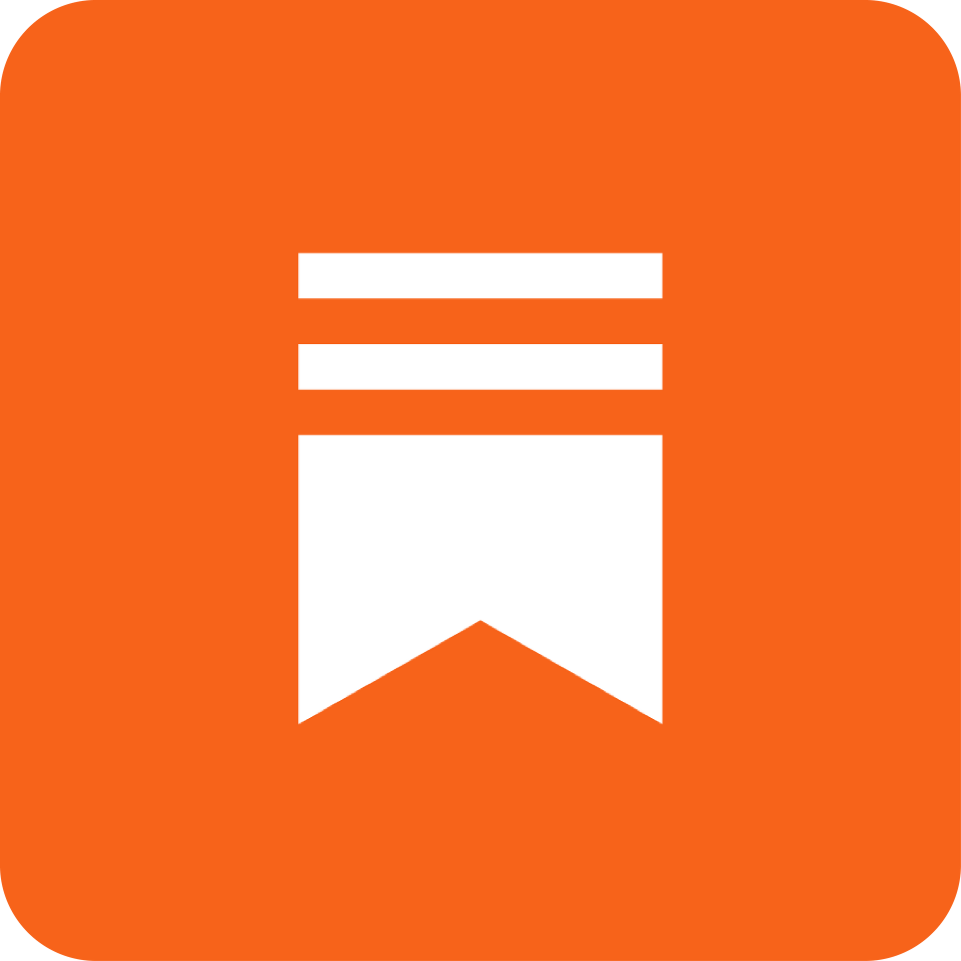 White bookmark icon with three horizontal lines, on orange square background.