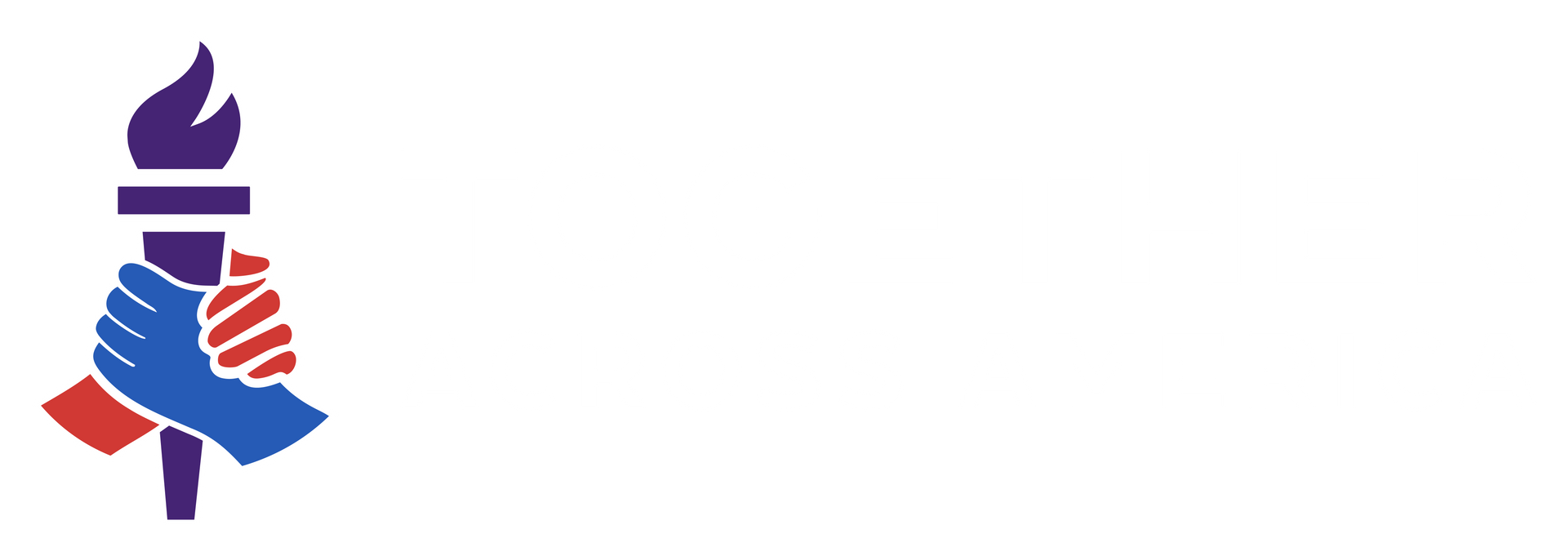 Torch held by two hands, one blue and one red, with a purple flame on top.