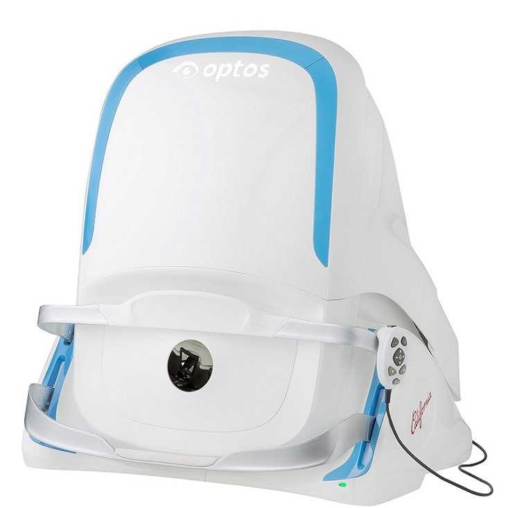 A white optos device with a blue border