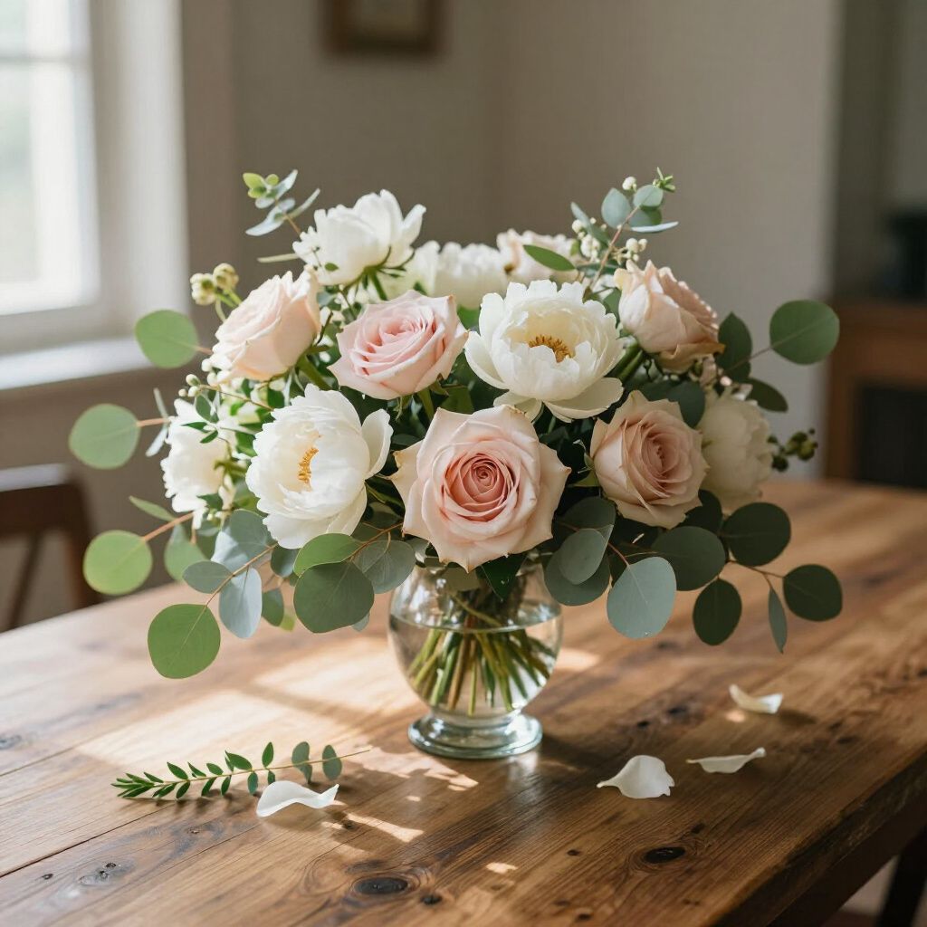 Un arreglo floral con rosas blancas y rosadas y eucalipto en un jarrón de vidrio sobre una mesa de madera.