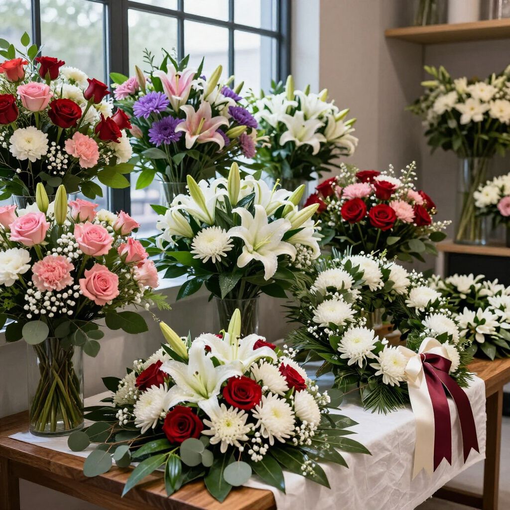 Ramos de diversas flores en jarrones, expuestos en una mesa de madera cerca de una ventana.