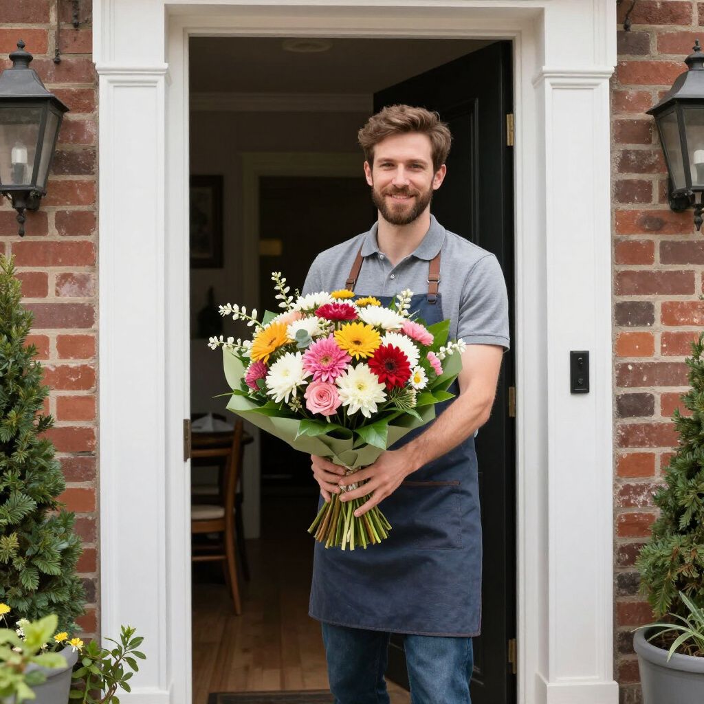 Hombre sosteniendo un ramo colorido, de pie en la puerta, sonriendo.