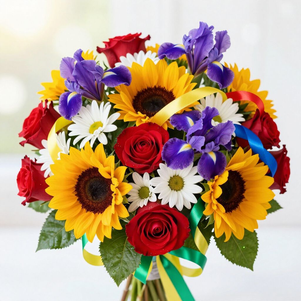 Ramo de girasoles, rosas rojas, lirios morados y margaritas blancas, atado con cintas amarillas y azules.
