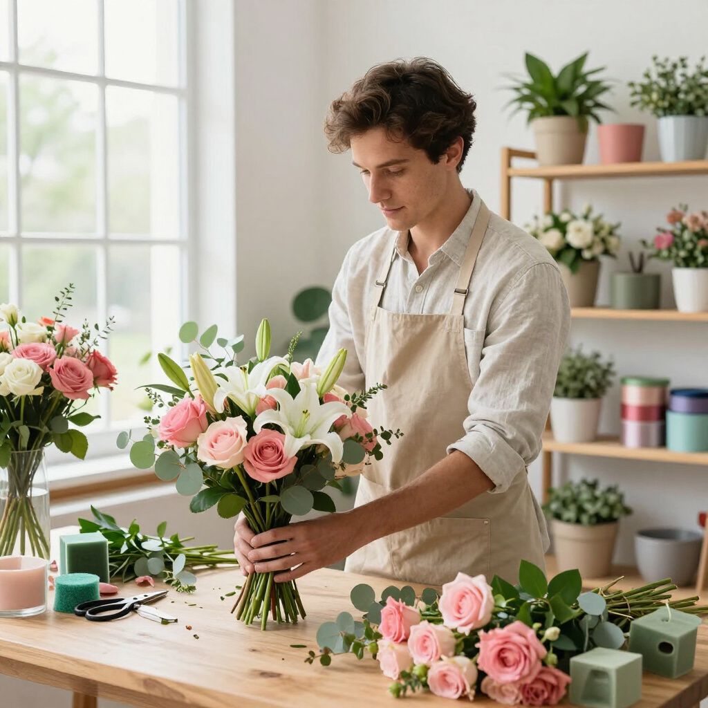Florista arreglando flores rosas y blancas, vistiendo un delantal, en un entorno de tienda luminoso.