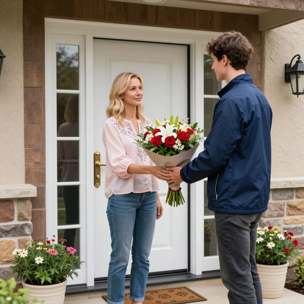 Una persona le entrega un ramo de flores a una mujer en una puerta de entrada.