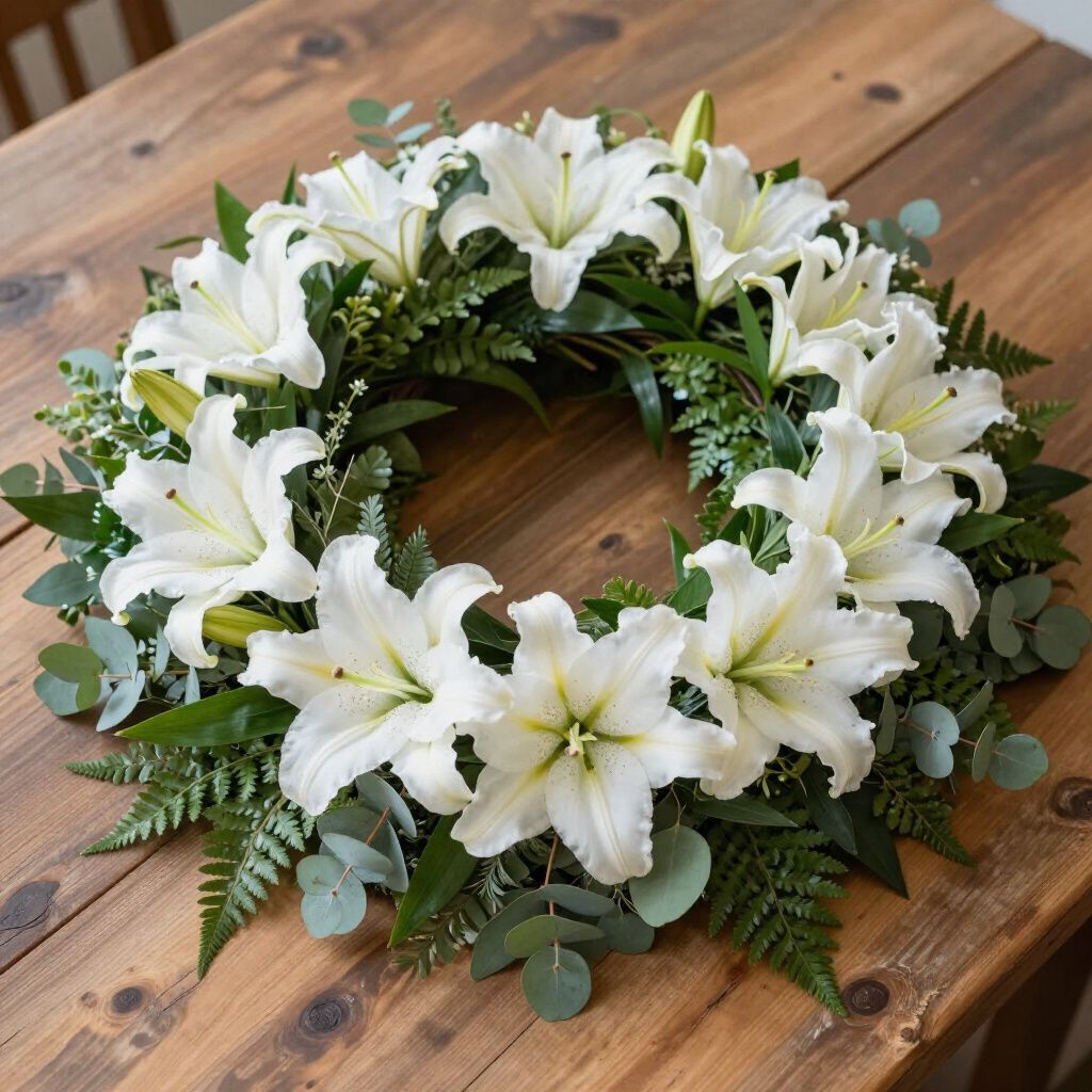 Corona de flores de lirio blanco sobre una mesa de madera, rodeada de follaje verde.