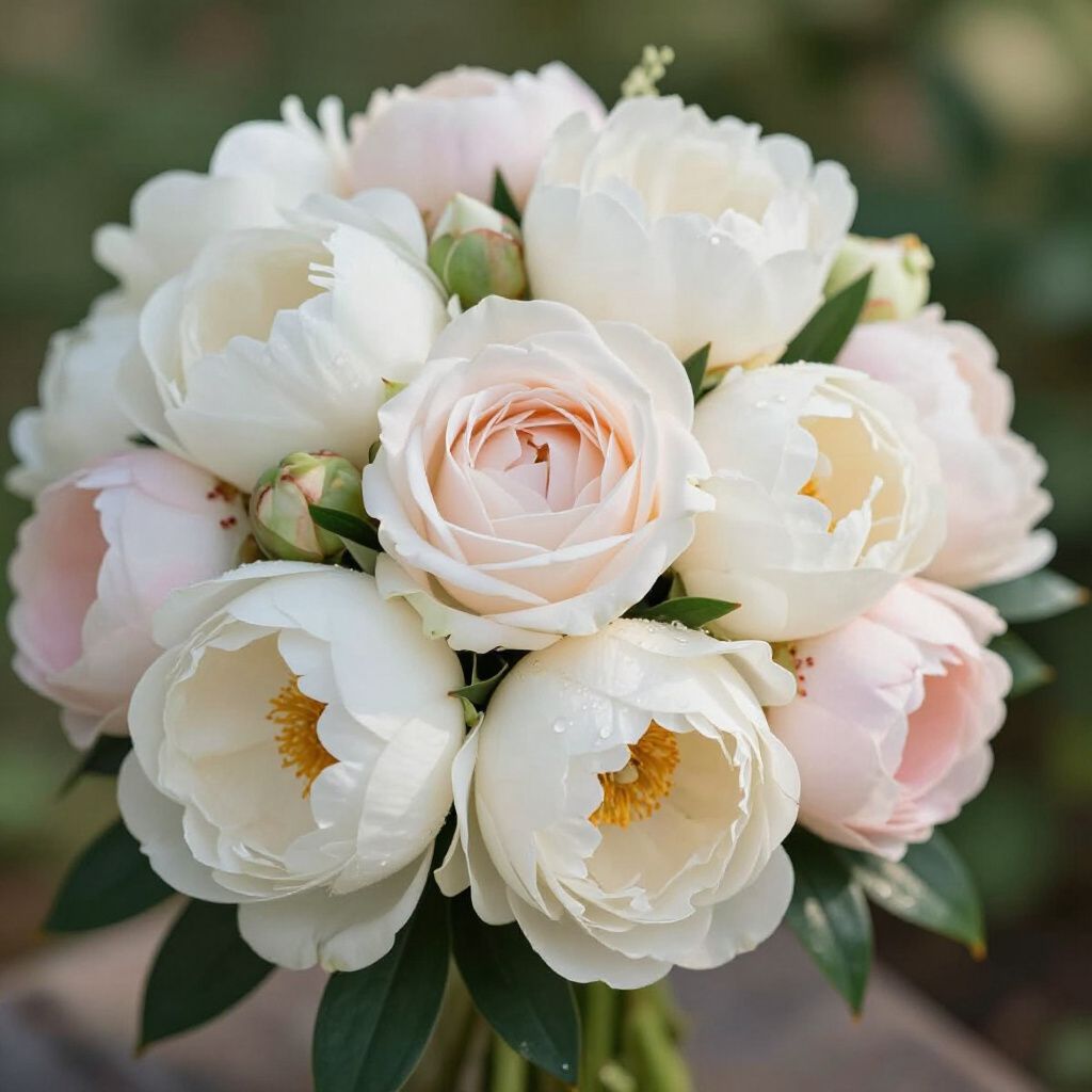 Ramo de peonías blancas y rosa claro con follaje verde.