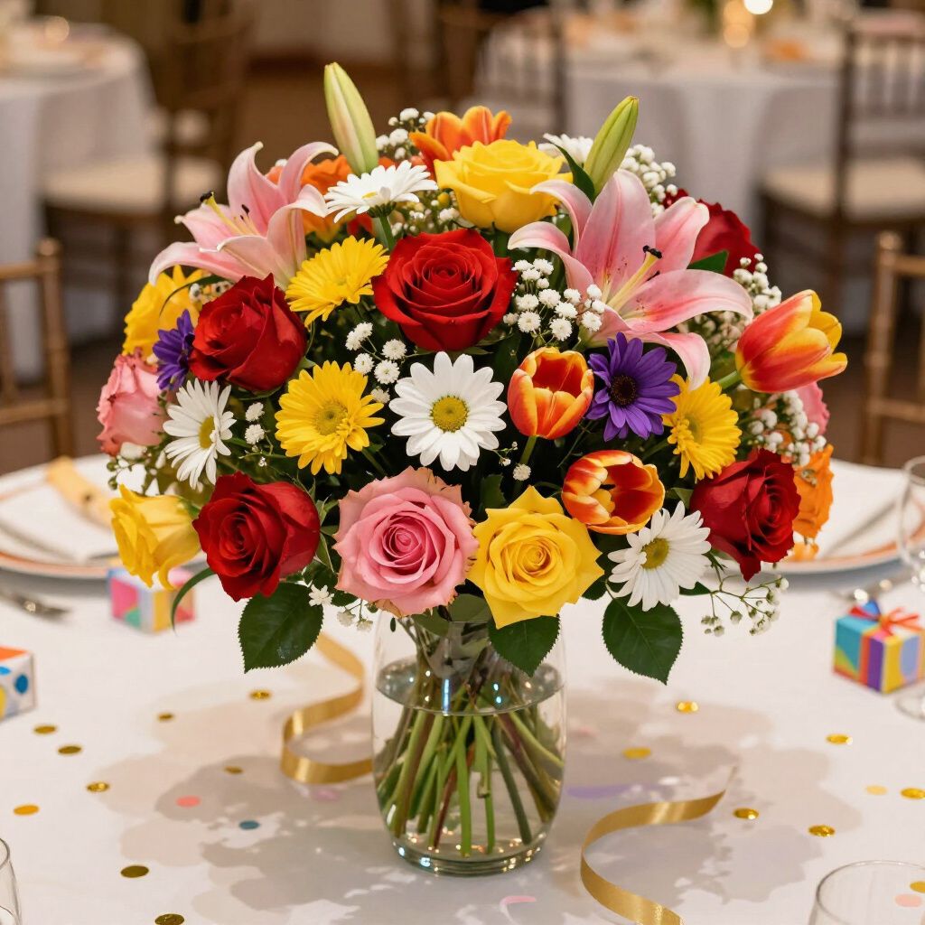 Ramo de flores de colores en un jarrón de cristal sobre una mesa con confeti y cintas, ambiente interior.