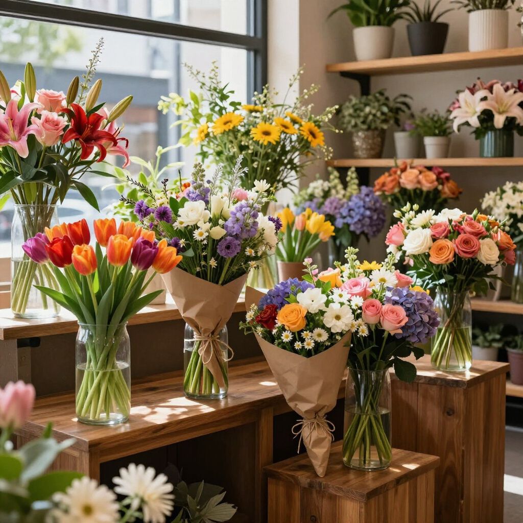 Una exhibición de floristería con varios ramos coloridos en jarrones y envueltos en papel marrón.