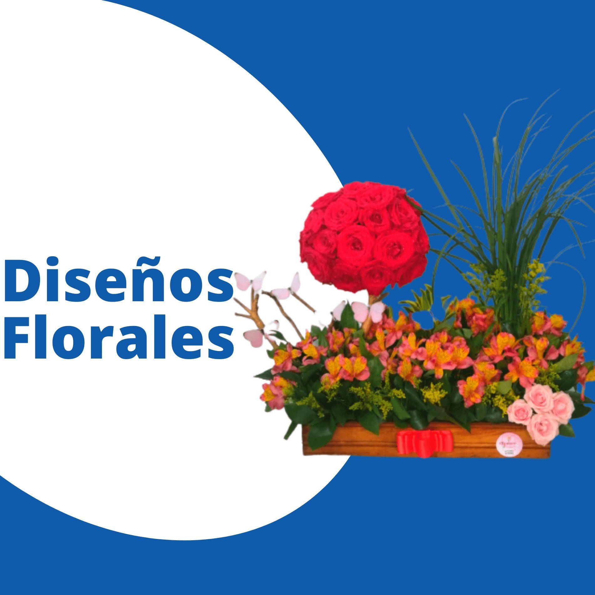 Arreglo floral con rosas rojas y otras flores en caja de madera; texto 