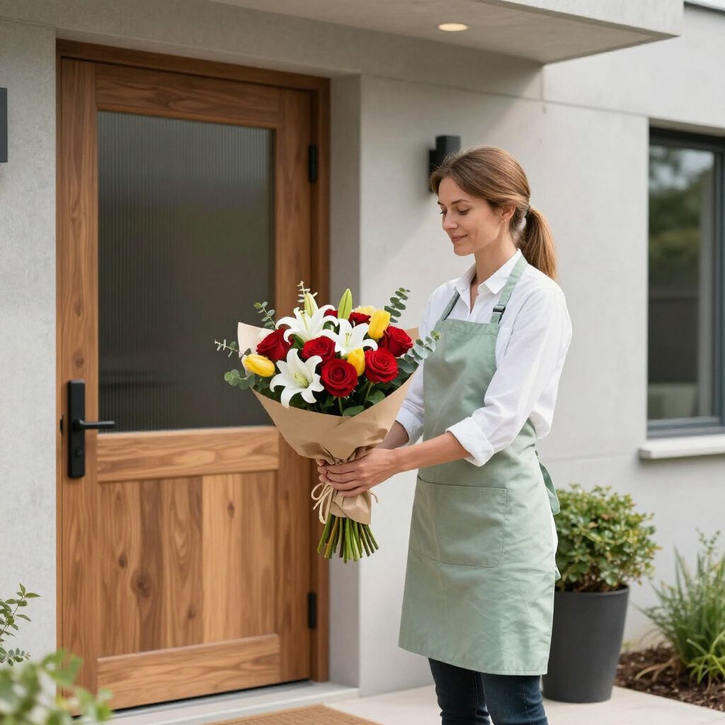Mujer con delantal entregando un ramo de flores rojas y amarillas en una puerta.