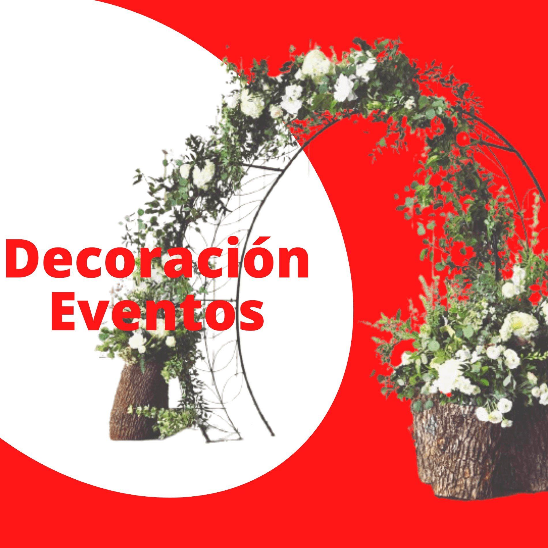 Decoración floral con arco para eventos. Flores blancas y vegetación sobre fondo rojo y blanco.