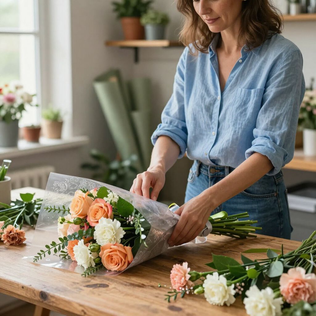 Mujer envolviendo un ramo de flores en una mesa de madera; lleva una camisa azul y pantalones vaqueros.
