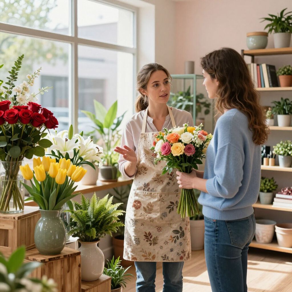 Mujer florista ayudando a un cliente con un ramo en una floristería, con muchas flores expuestas.