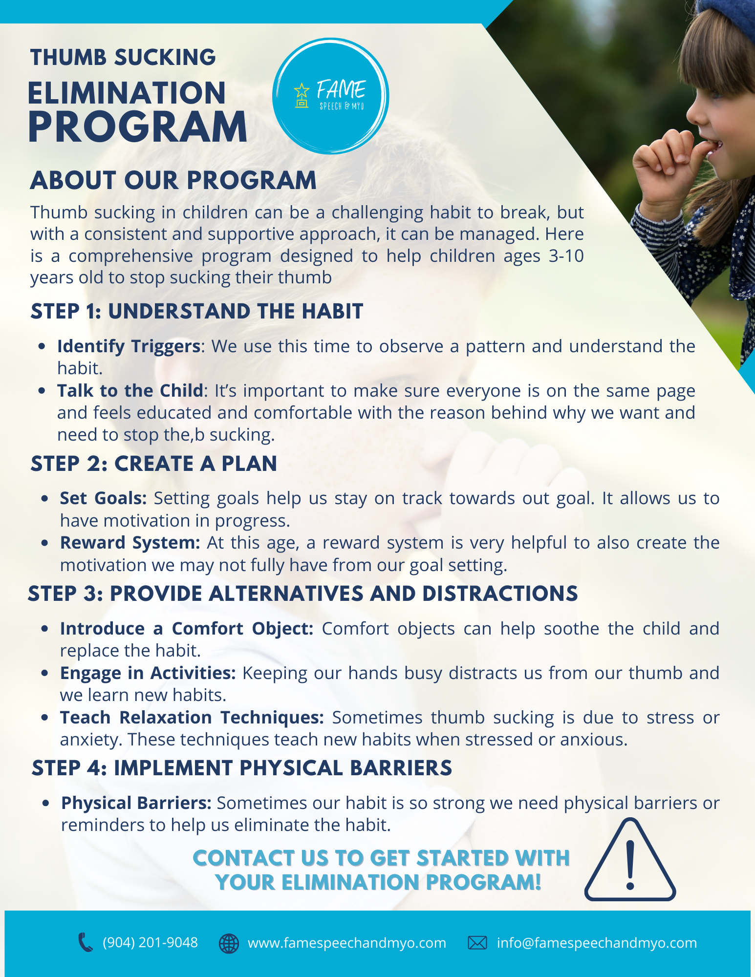 Brochure about a thumb-sucking elimination program, featuring a child sucking their thumb and an exclamation mark.