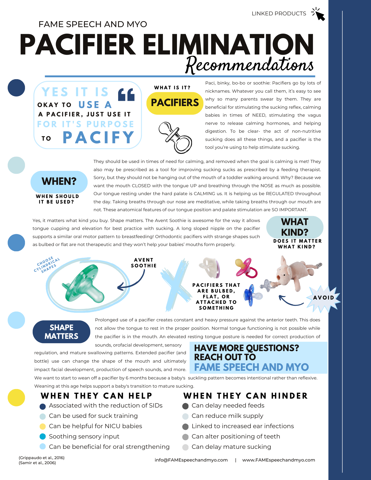 Infographic about pacifier elimination recommendations with key points, when to start, and when to seek help.