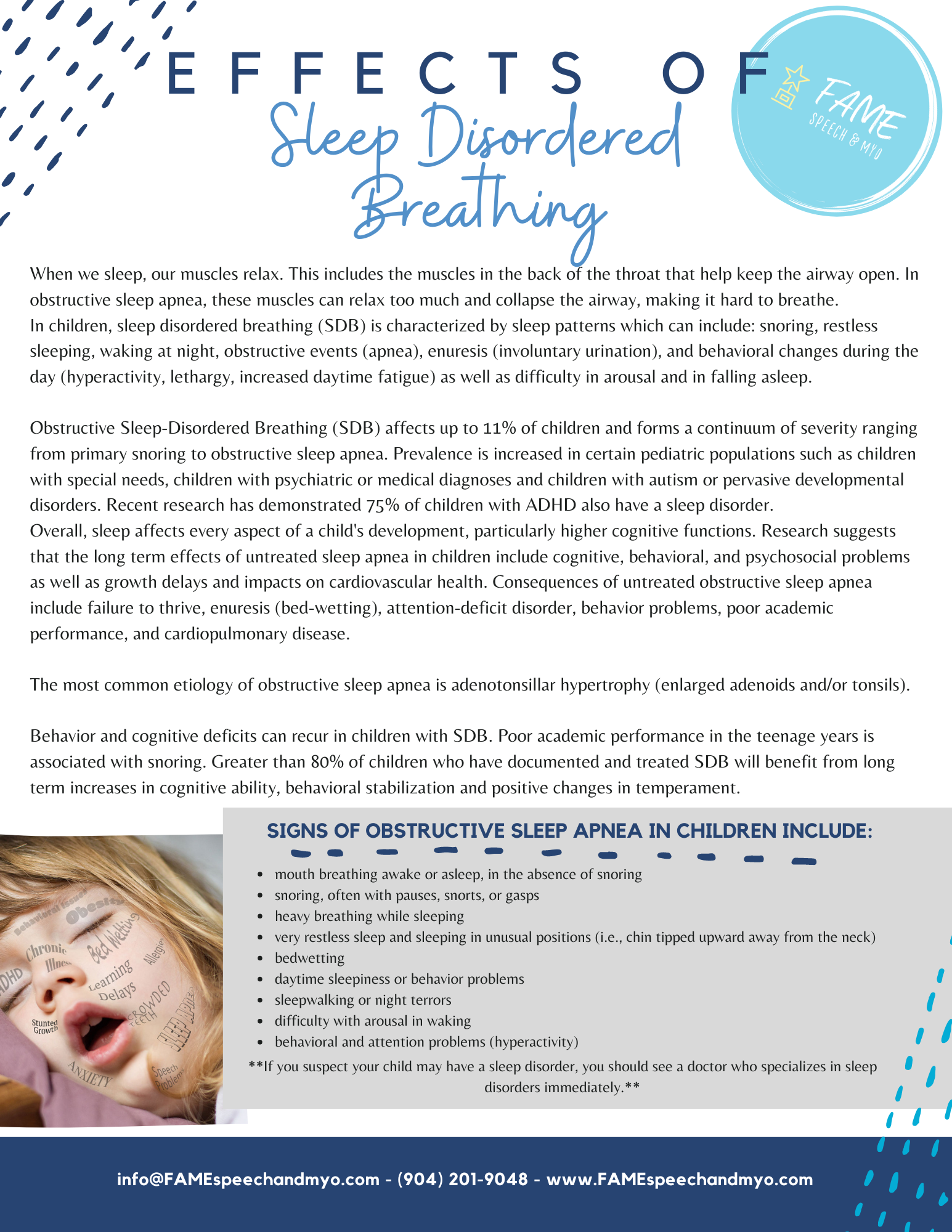 Flyer detailing the effects of sleep disordered breathing, featuring a child sleeping with symptoms listed below.