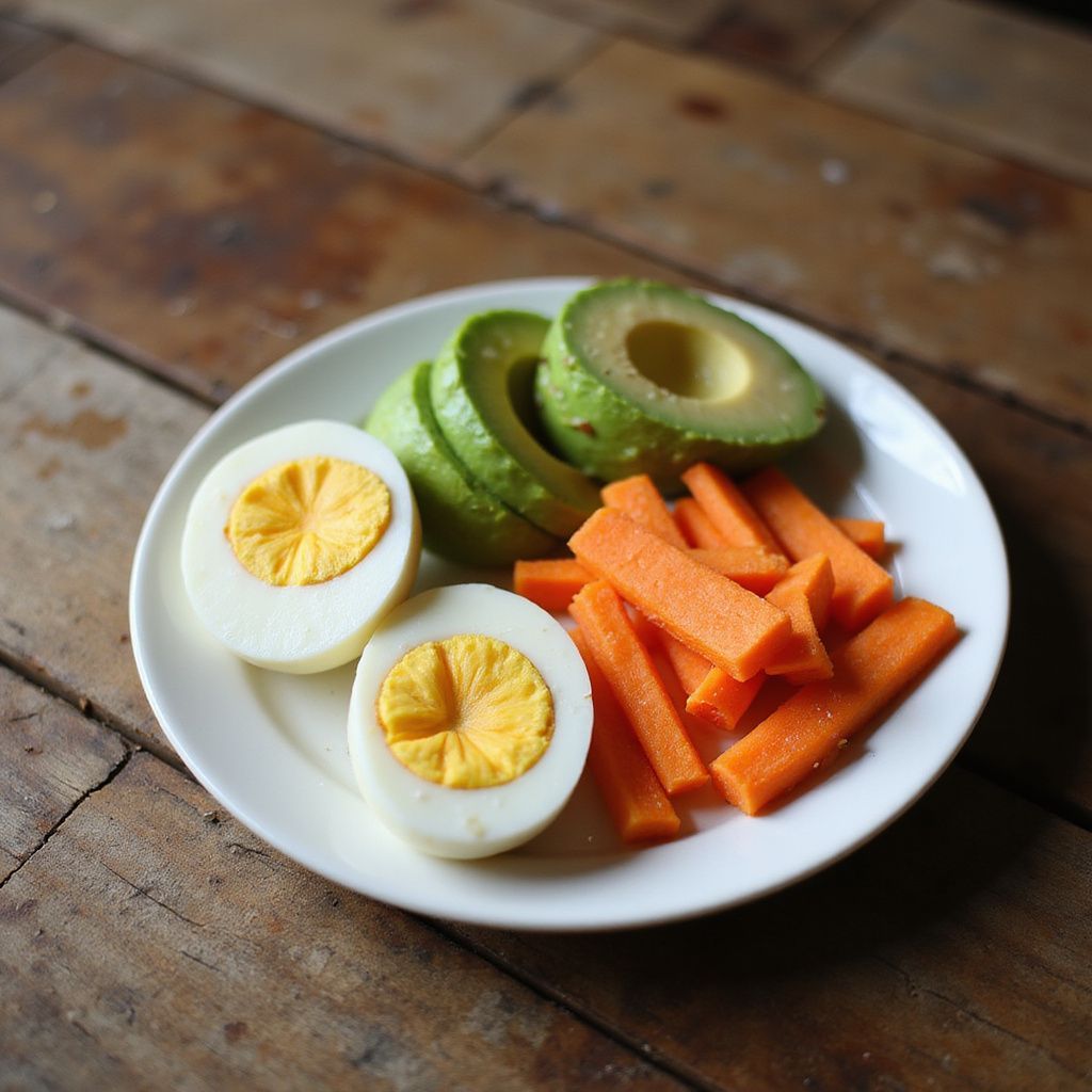 A white plate on a wooden table holds two halved hard-boiled eggs, sliced avocado, and carrot sticks.