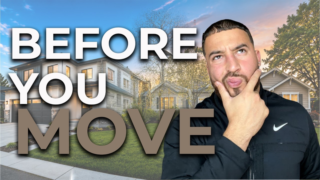 Man in black hoodie in front of a house with large text reading “BEFORE YOU MOVE”