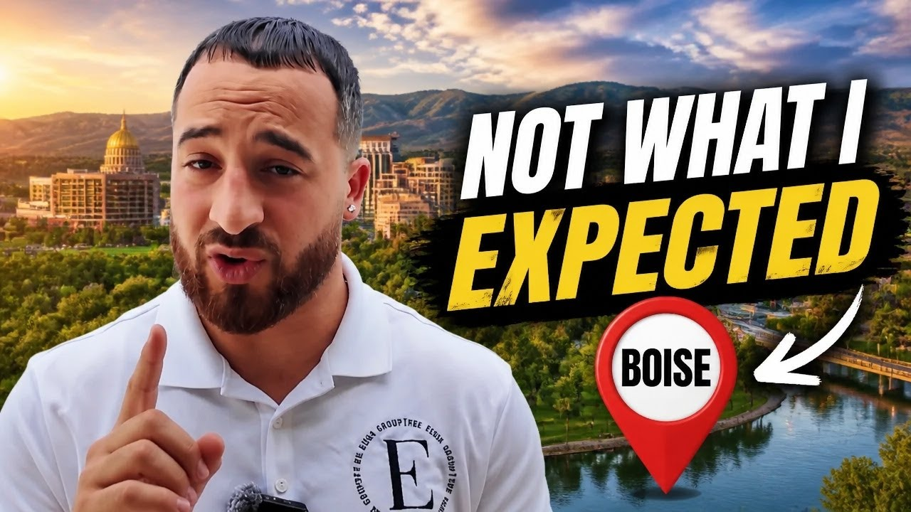 Man in white polo points at bold text “NOT WHAT I EXPECTED” with Boise map pin over city skyline